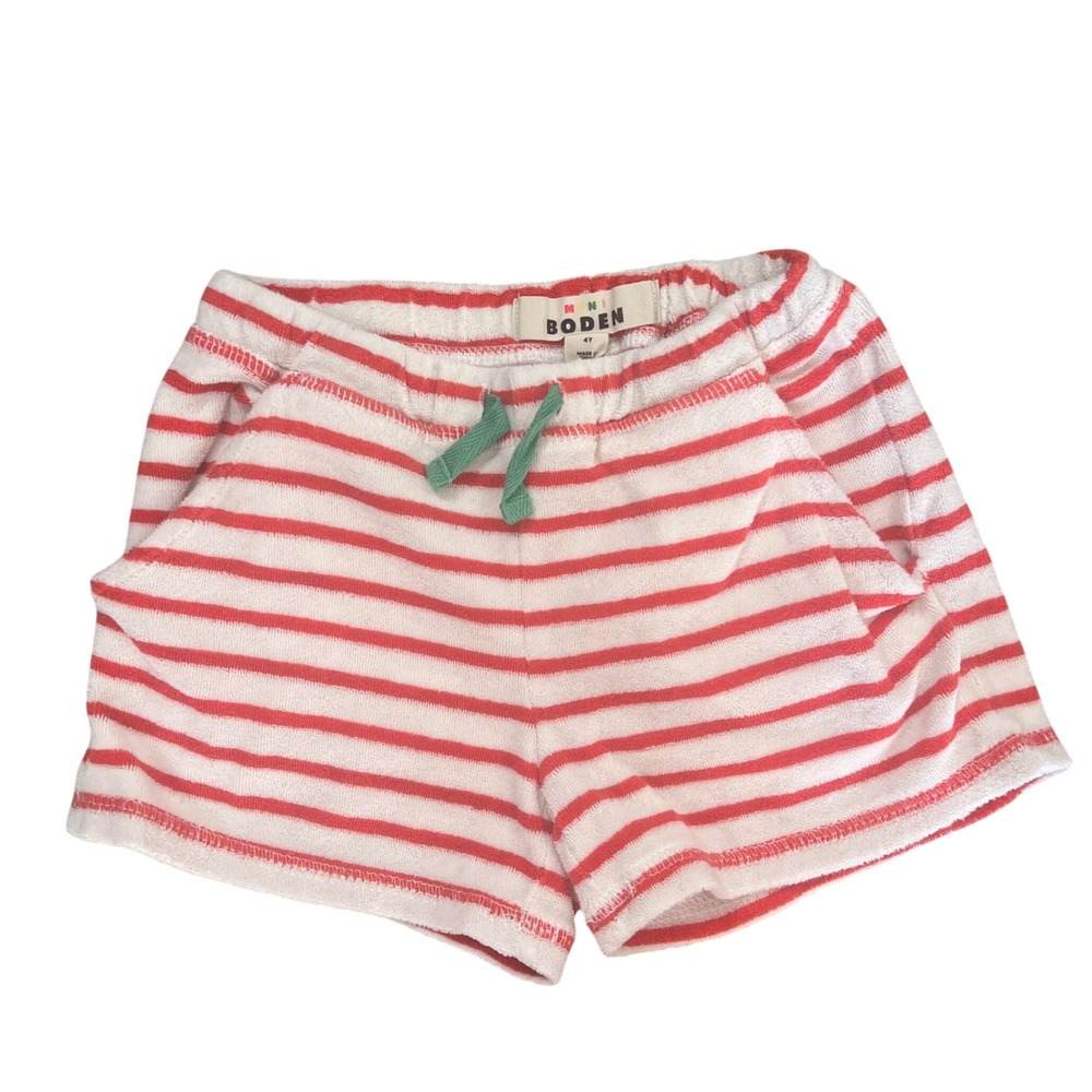 Mini Boden Girls Red White Striped Terry Cloth Strawberry Shorts 4Y Resort Cute